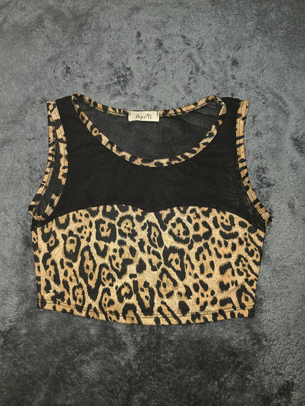Leopard Print Mesh Crop Top - Black and Tan
